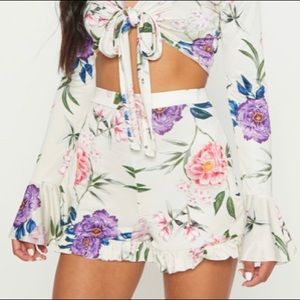 Nude Slinky Floral Frill Hem Shorts